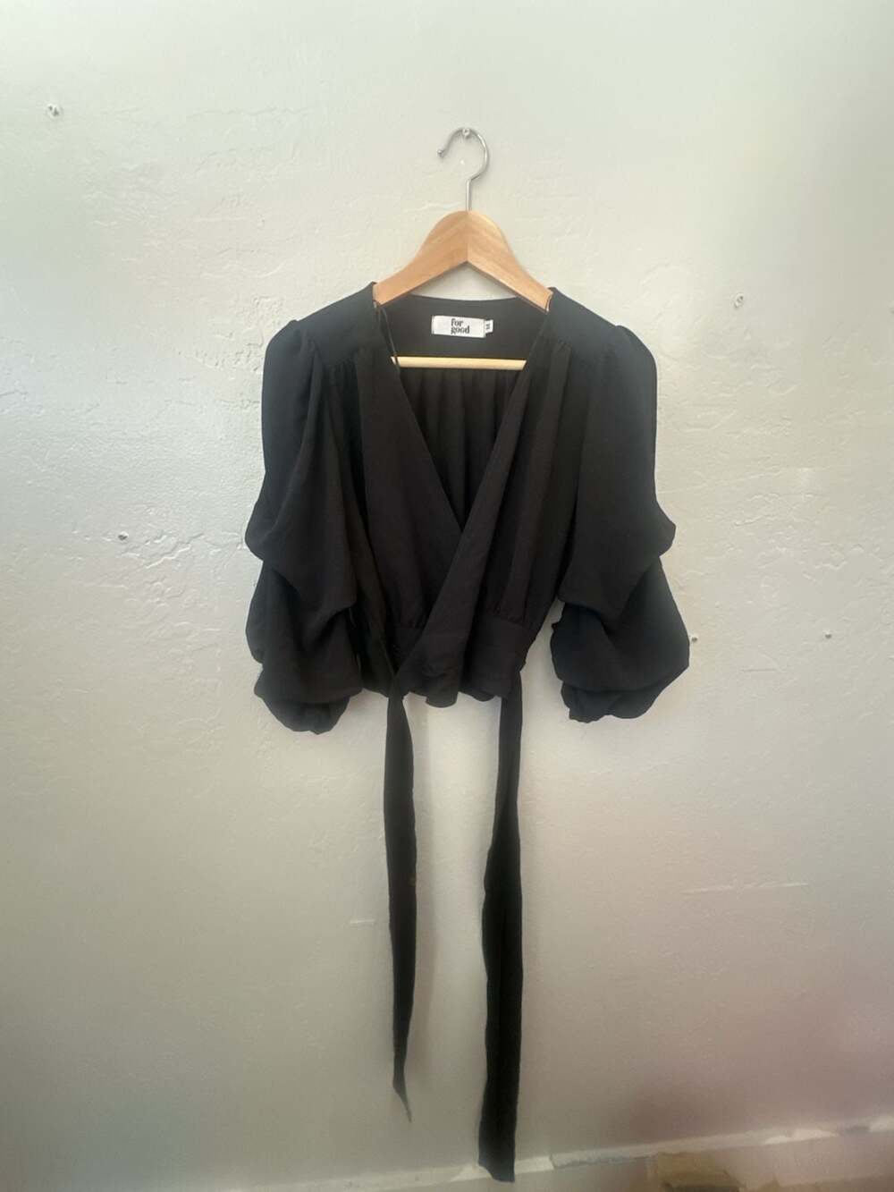 For Good Black Wrap Front Blouse with Puff Sleeves